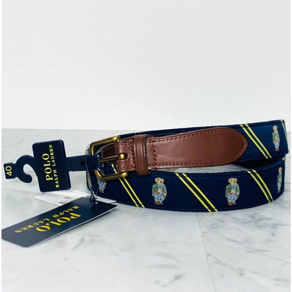 POLO RALPH LAUREN Belt Men 40" Navy Blue Preppy Bear w Stripes Fits: 40"-44" NWT - Picture 1 of 8